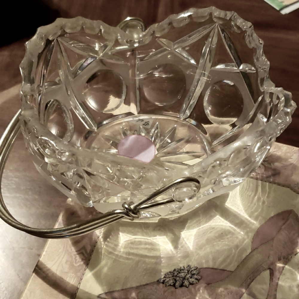 Vintage Bleikristall Lead Crystal Basket with Metal Handle West Germany Frosted